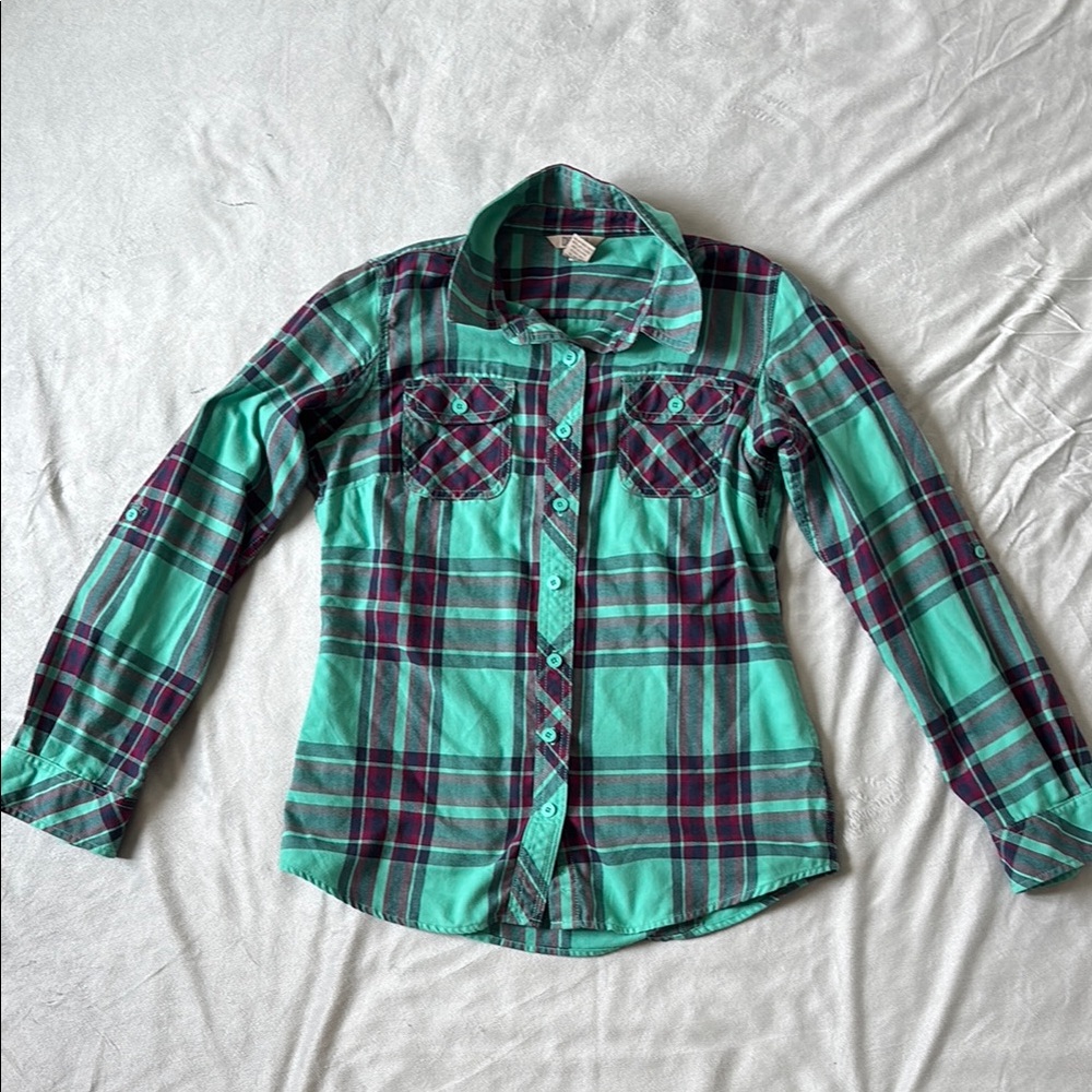 Plaid Button-Up Shirt in Teal and Purple